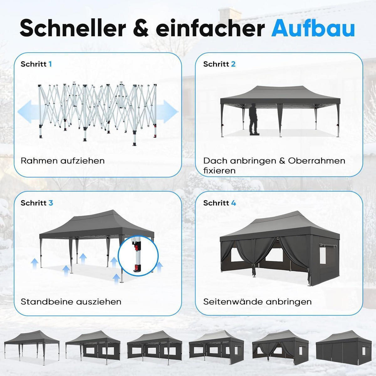 FALTPAVILLON 3x6m Grau wasserdicht mit Seitenwänden - Grau, Textil (585/310/293cm)