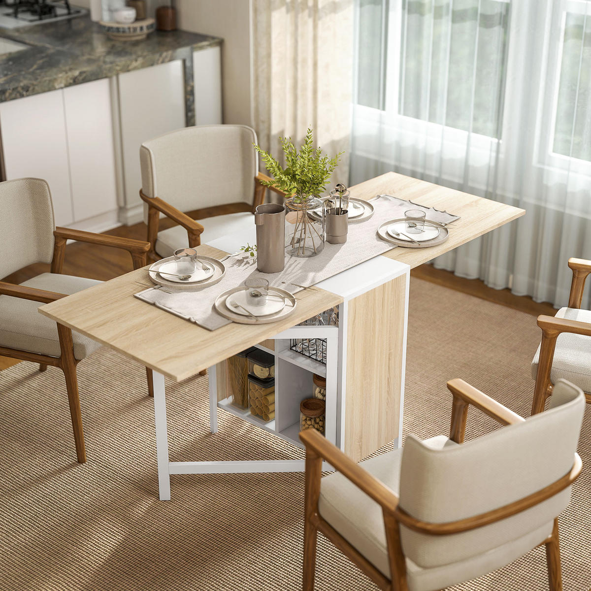 KLAPPTISCH Esstisch Beistelltisch Eiche Metallrahmen Küche Wohnzimmer Natur+Weiß - Naturfarben, Kunststoff (60/75/169cm) - HOMCOM
