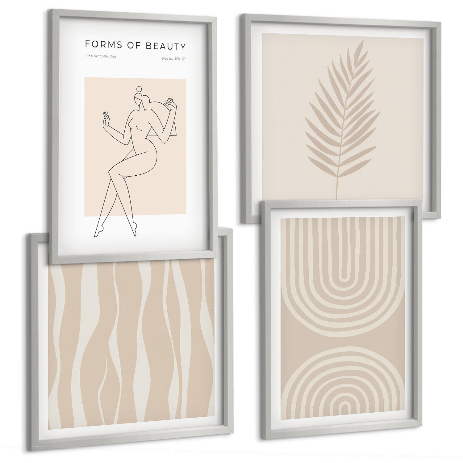 BILDER SET 4er Set - 50x50 cm & 40x60 cm Silberner Rahmen - Abstrakte Boho-Dekorationen - Silberfarben, Kunststoff (50/50cm) - TULUP
