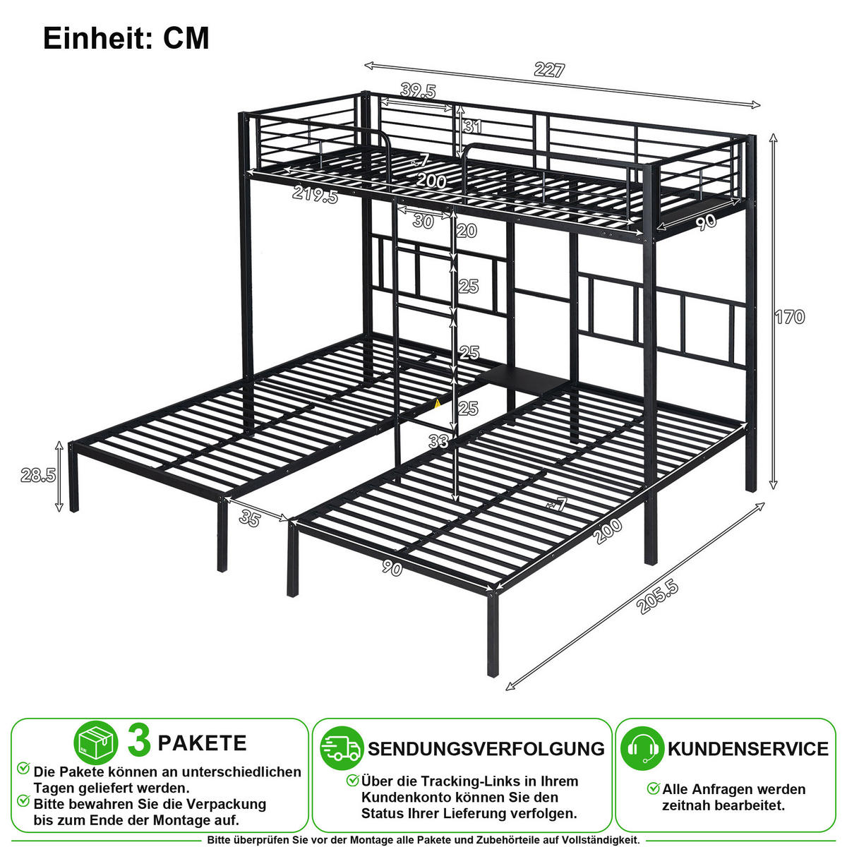 ETAGENBETT 90/200 cm & 90/200 cm & 90/200 cm in Schwarz mit Ablage, Tisch und Leiter - Schwarz, Metall (90/200cm) - CHICFURN