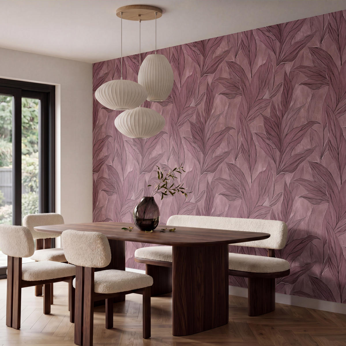 TAPETE - Blätter - Muster - Lila - 350x240 cm - Altrosa, Papier (350/240cm) - OnlyWow