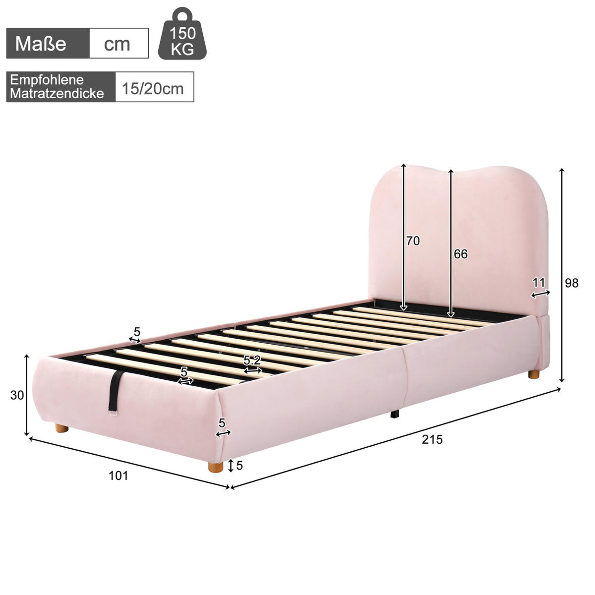 POLSTERBETT 90/200 cm aus Samt mit Lattenrost und hydraulischem Stauraum Pink - Rosa, Textil (90/200cm) - Modenvie