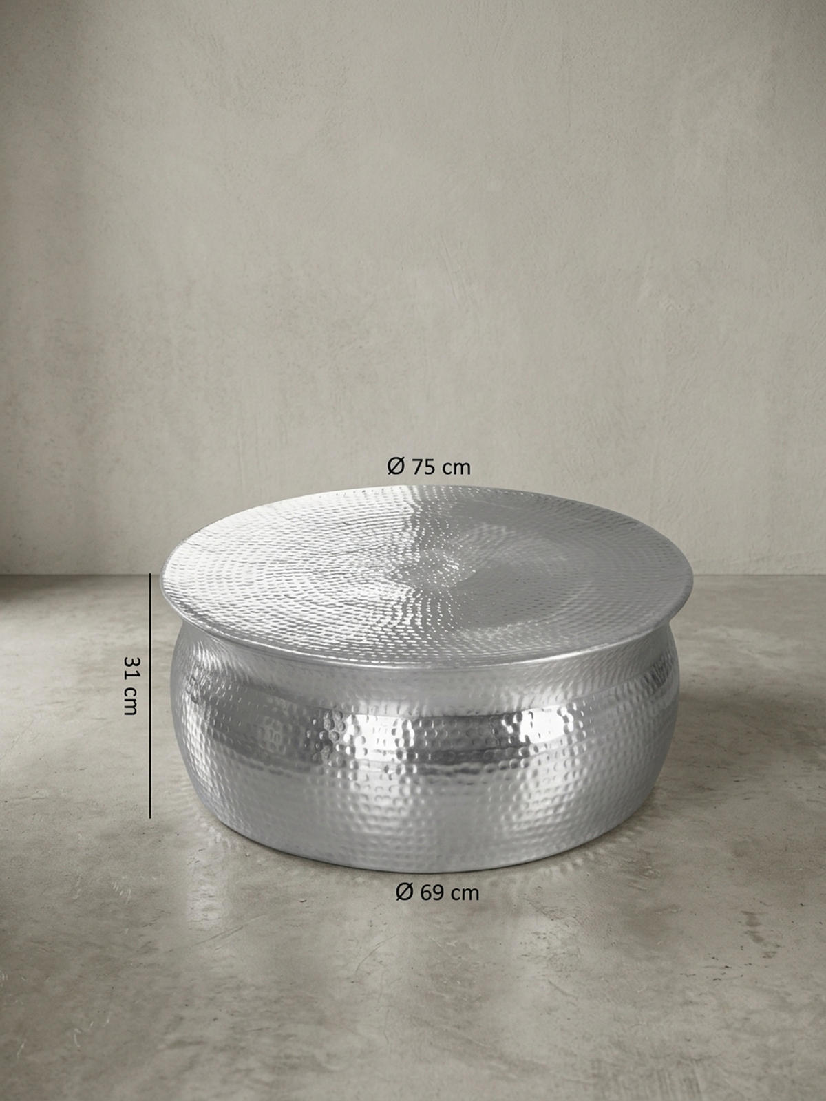 COUCHTISCH Orient Handgefertigt Hammerschlag-Aluminium Großzügige Ablagefläche, Silber 75x75x31 cm - Silberfarben, Metall (75/75/31cm) - KADIMA DESIGN