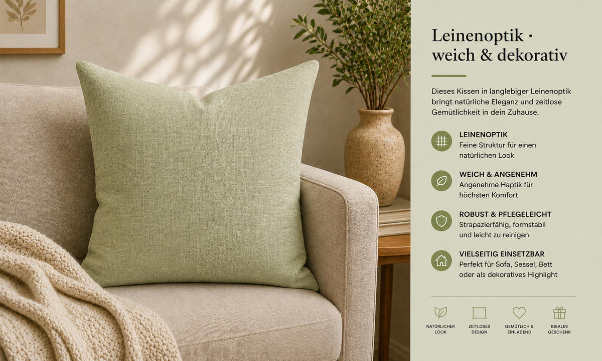 KISSENBEZUG Leinenoptik 60/60 cm Hellgrün - Hellgrün, Textil (60/60cm) - TiborTex