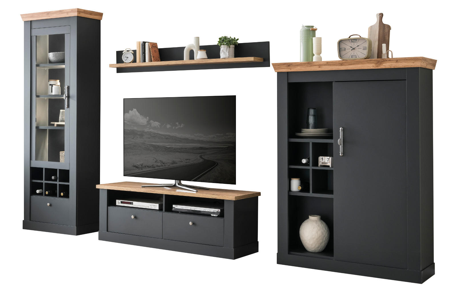 Furn.Design Wohnwand Grau, Eiche Wotan 334x201x45 cm