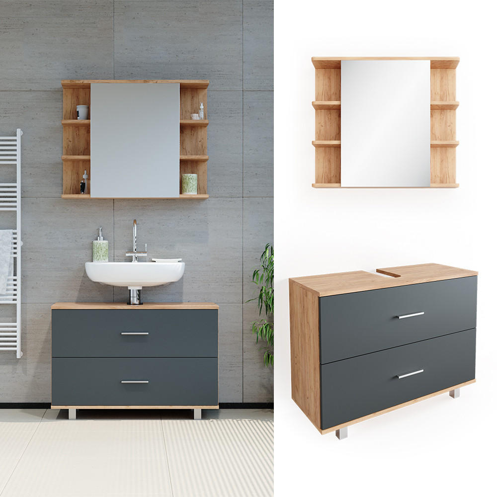 BADMÖBEL-SET Ilias Anthrazit/Goldkraft Eiche 2 Teile Unterschrank 80 cm - Anthrazit/Eiche Wotan, Holzwerkstoff (80.2/60.8/33cm) - Vicco
