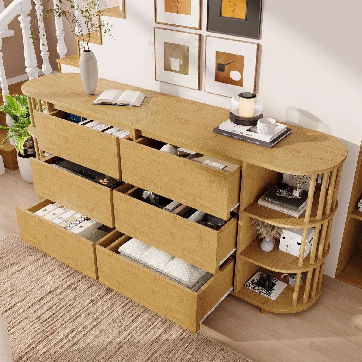 KOMMODEN-SIDEBOARD 160/40/75 cm mit 6 Schubladen & offenen Fächern in Eiche - Naturfarben, Holzwerkstoff (160/75/40cm) - BEAOK