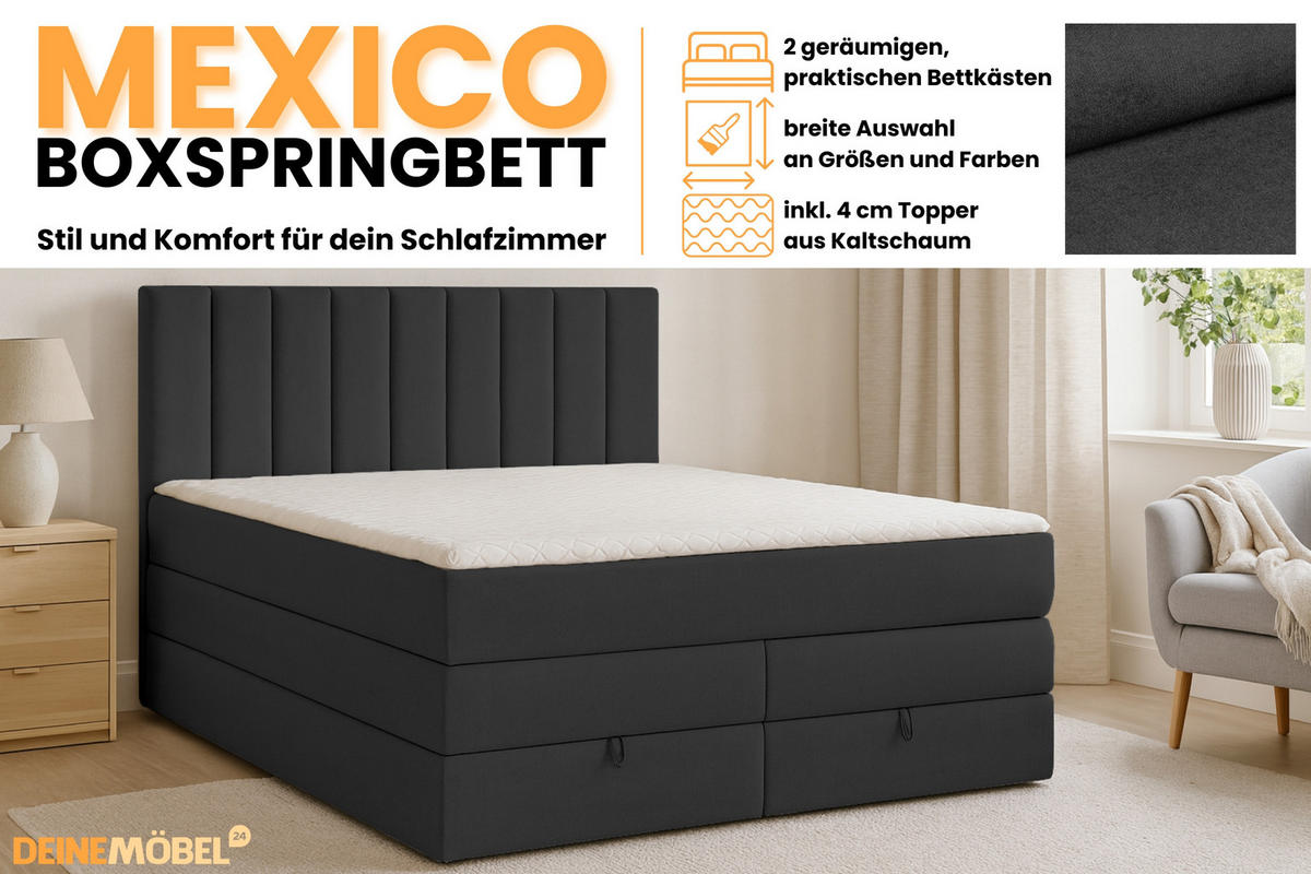 BOXBETT MEXICO 160/200 in Velours Anthrazit mit Doppelmatratze - Anthrazit, Holz/Holzwerkstoff (160/200cm) - Deine Möbel 24