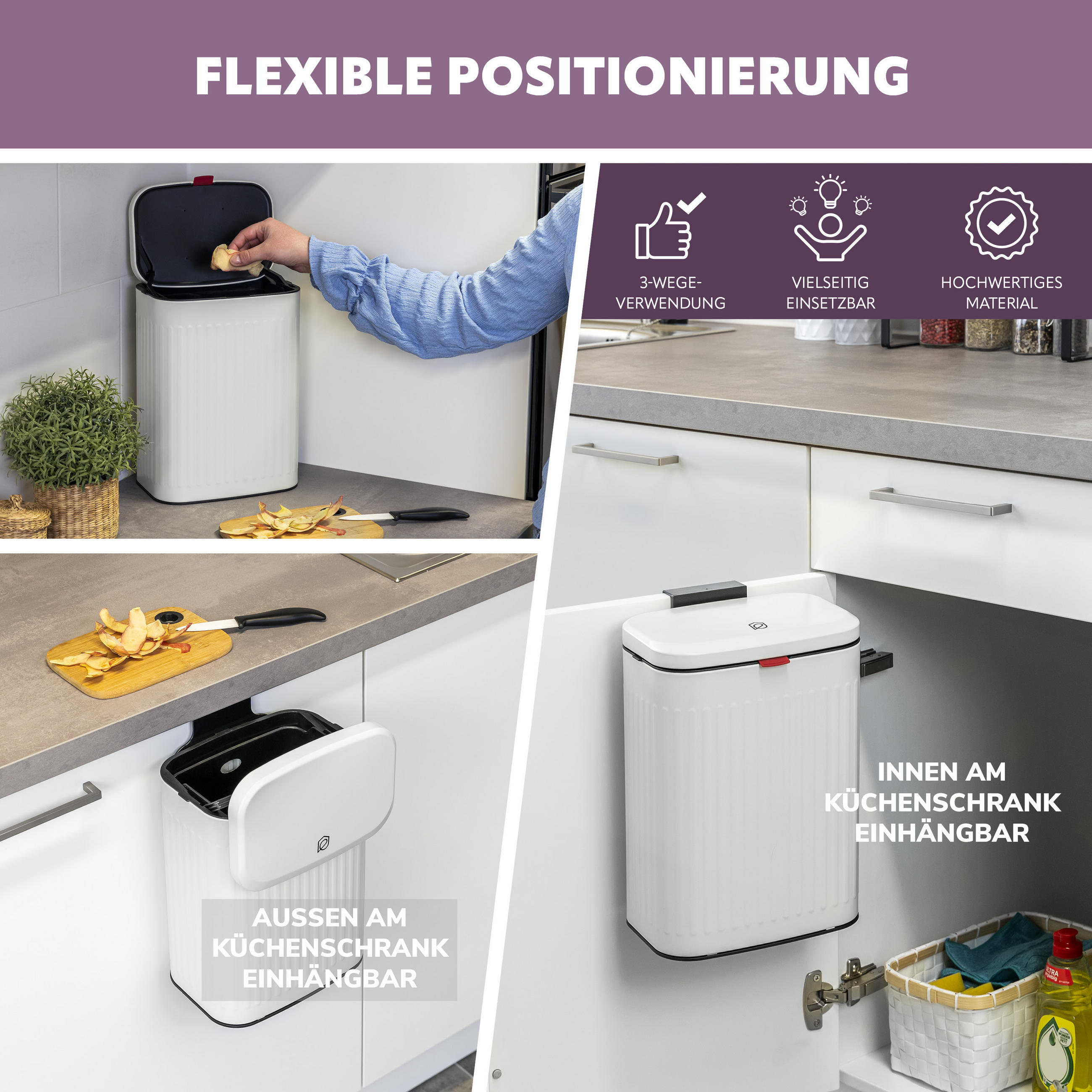 Thumbnail - eluno Abfalleimer,, Weiß, Metall, 22.5x31x16.5 cm, Küchen, Küchenausstattung, Mülleimer