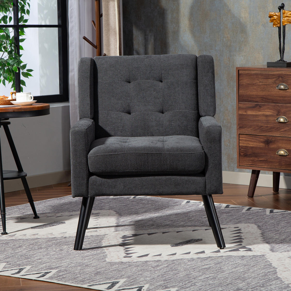SESSEL 76/68/88 cm dunkelgrau aus Stoff mit Tufting und Massivholzbeinen - Dunkelgrau, Textil (76/88/68cm) - OKWISH
