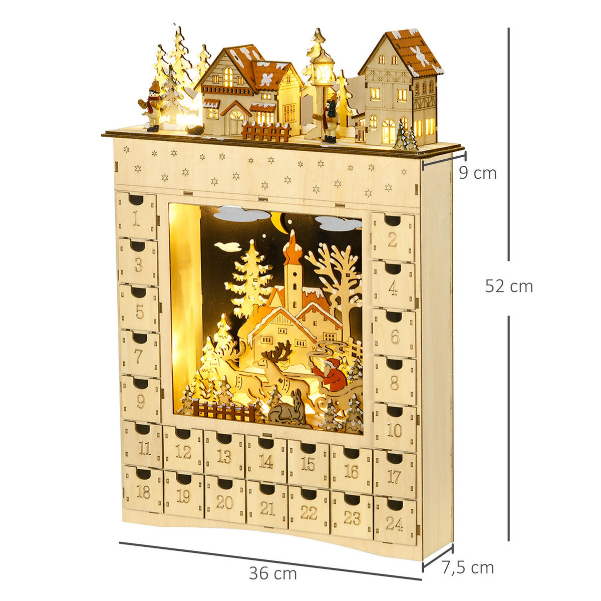 ADVENTSKALENDER zum Befüllen 24 Schubladen Fächer Weihnachtskalender DIY - Naturfarben, Holzwerkstoff (9/52/36cm) - HOMCOM