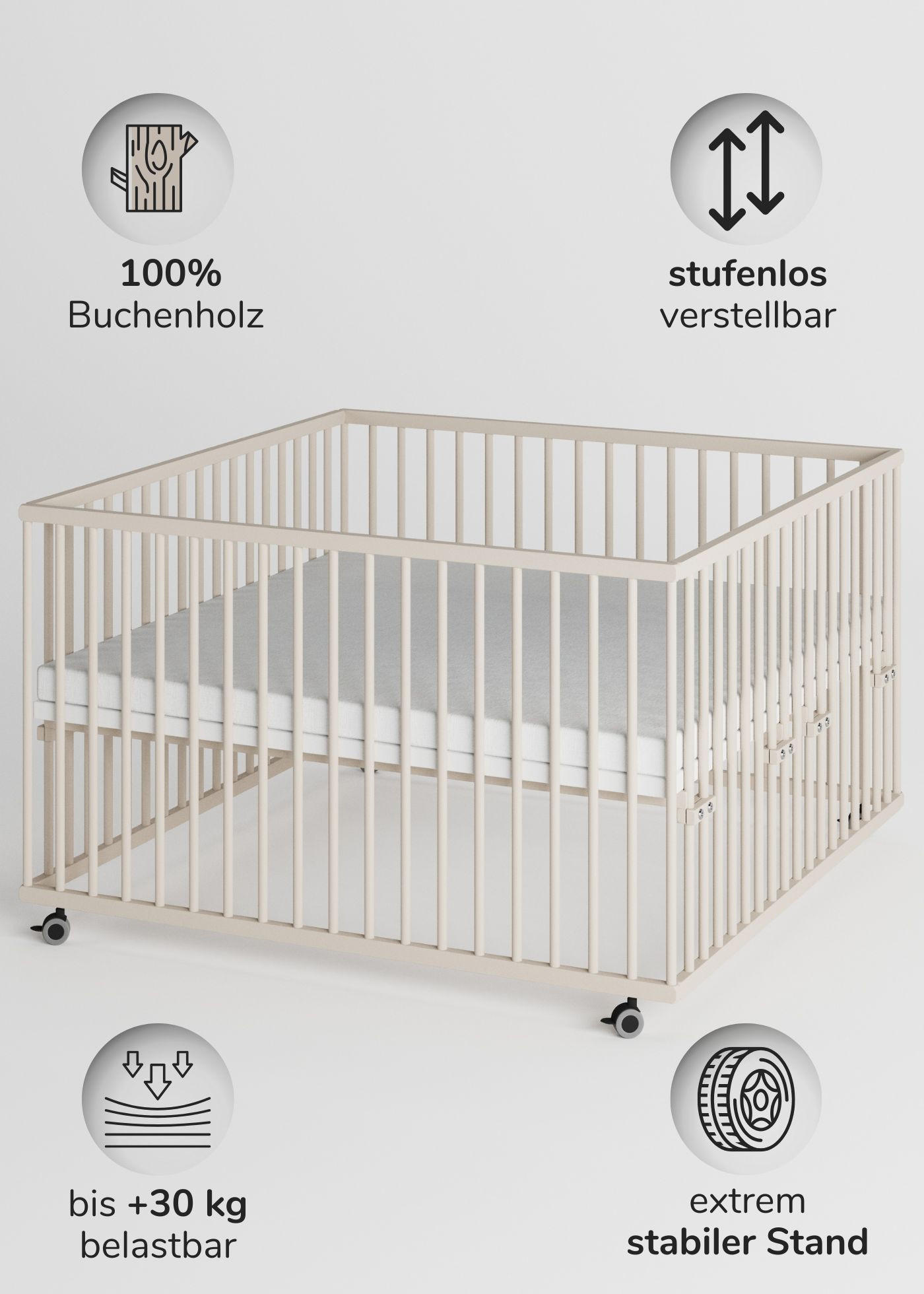 LAUFGITTER XXL 120x120 cm mit Matratze - sahara dust - Premium Kollektion - Sandfarben, Holz (120/74/120cm) - Sämann – make a difference.