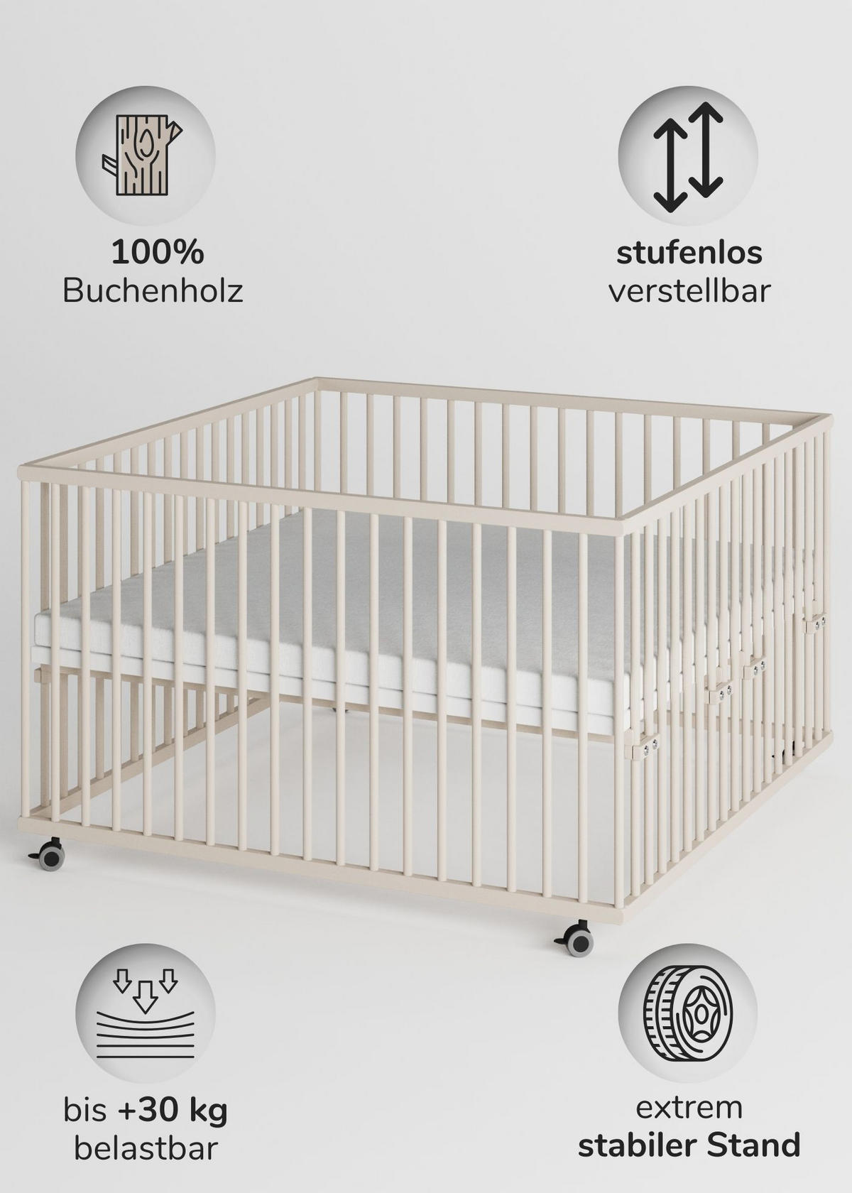 LAUFGITTER XXL 120x120 cm mit Matratze Cloud Air & Schlupfsprossen - sahara dust - Premium Kollektion - Sandfarben, Holz (120/74/120cm) - Sämann – make a difference.