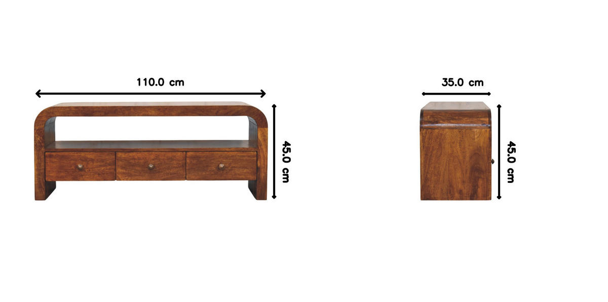 TV-MÖBEL Darcy Kastanie, 3 Schubladen und Offenes Regal, Dunkelbraun - Dunkelbraun/Messingfarben, Holz/Metall (110/45/35cm) - Artisan Furniture