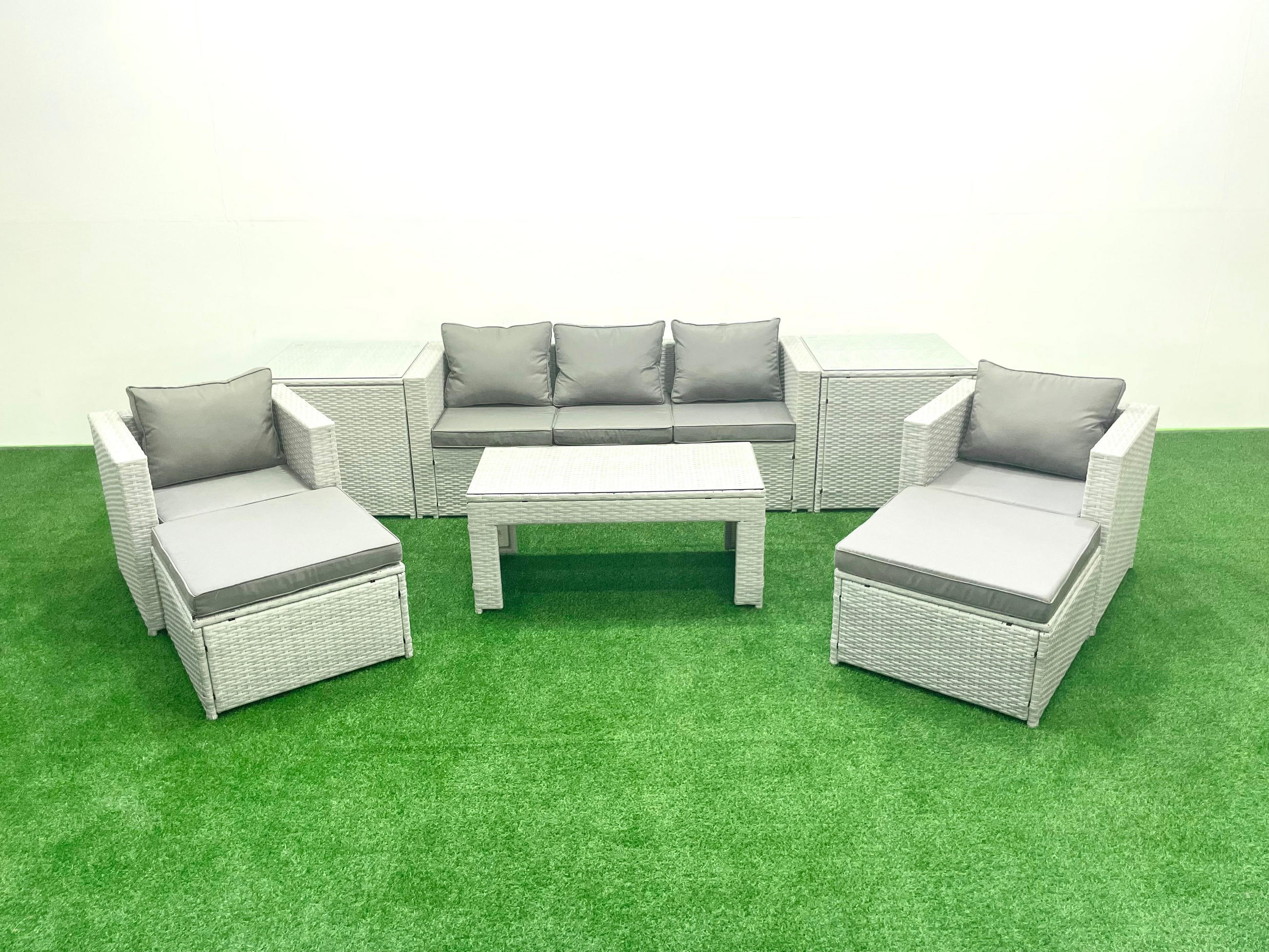 GARTENSET mit 3-SITZER SOFA,COUCHTISCH Polyrattan Hellgrau-Mix 7-Sitzer - Hellgrau/Grau, Glas/Kunststoff - Fimous