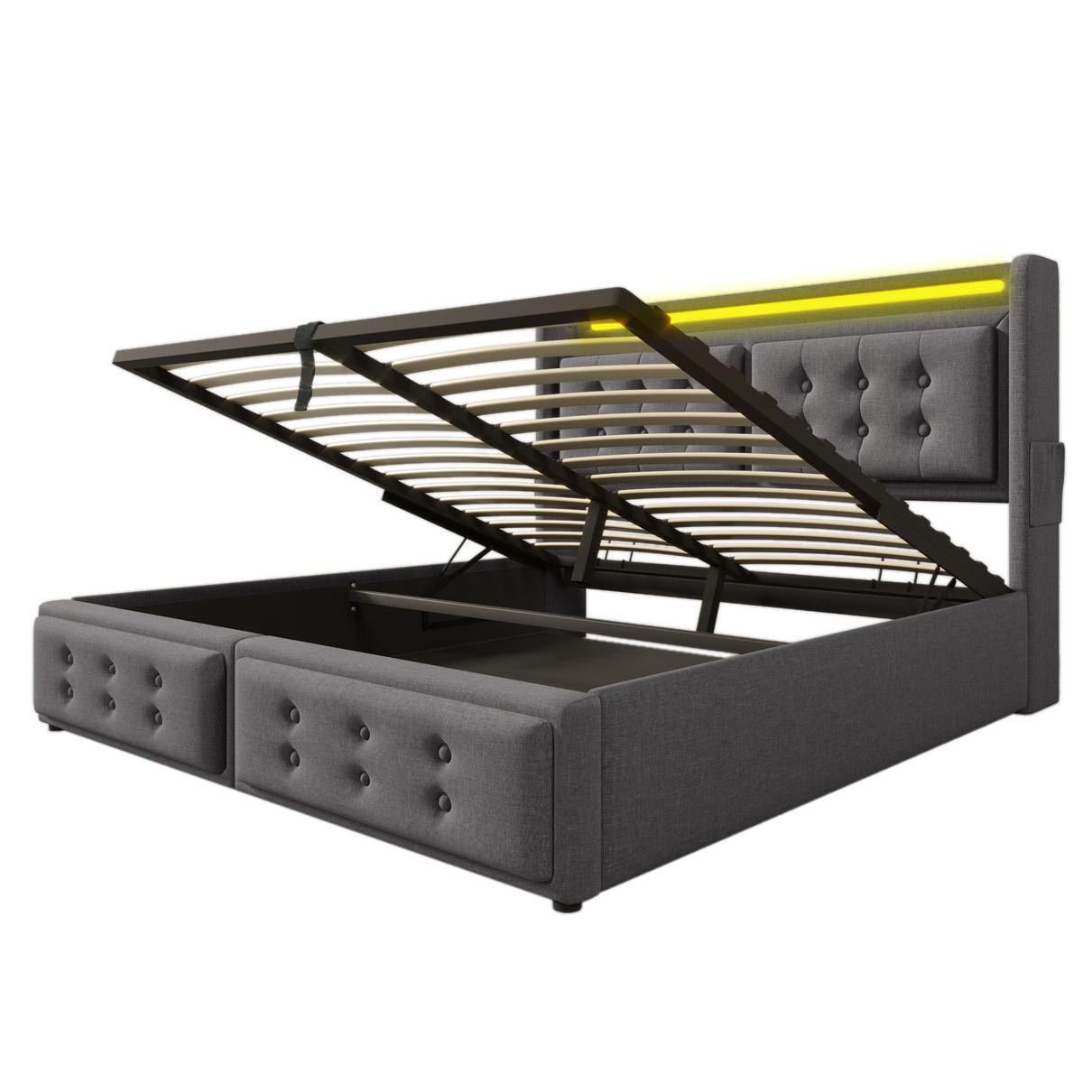 POLSTERBETT 140/200 cm Grau mit LED-Kopfteil und USB-Ladefunktion Mit Matratze - Grau, Textil (140/200cm) - OKWISH