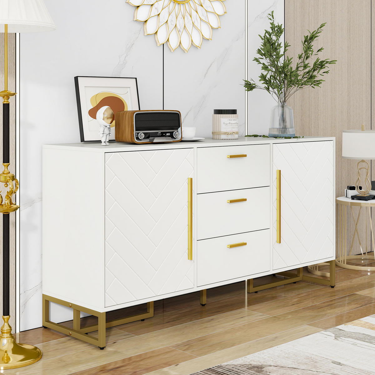 SIDEBOARD mit Fischgrätenmuster, 2 Türen und 3 Schubladen, Weiß - Weiß, Holzwerkstoff (145/75/40cm)