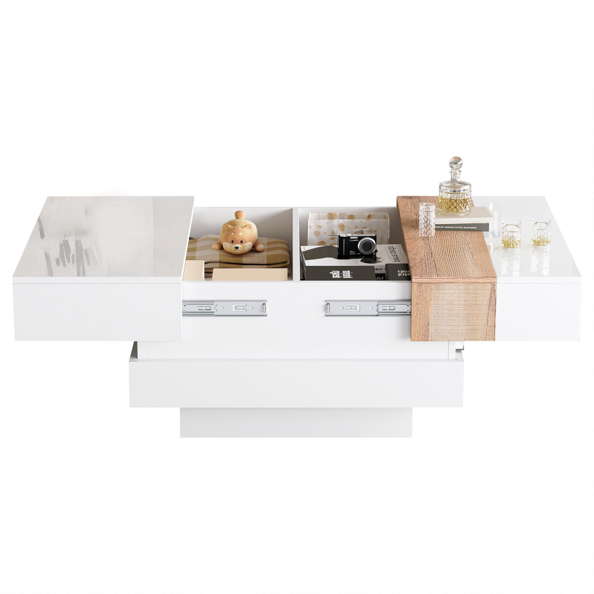 COUCHTISCH, weiß Hochglanz Tischplatte mit ausziehbarer Platte und verstecktem Staufach, 70/70/39 cm,Weiß - Weiß, Holzwerkstoff (70/70/39cm) - Redom