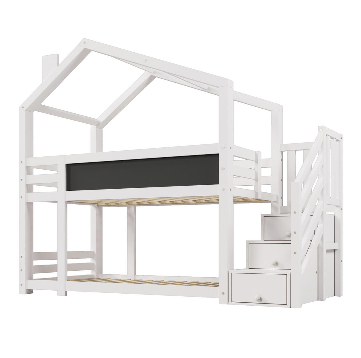 ETAGENBETT aus Kiefer-Massivholz und MDF 90x200 cm in Weiß mit Tafel & Stauraum - Weiß, Holzwerkstoff (90/200cm) - Modfu