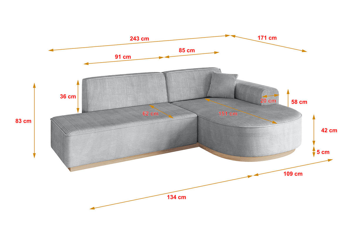 ROHOVÁ SEDAČKA s otomanem, pravá ARRIO-L1 243x171x83 Šedá Manšestr - šedá/černá, kompozitní dřevo/textil (243/171cm) - ALTDECOR