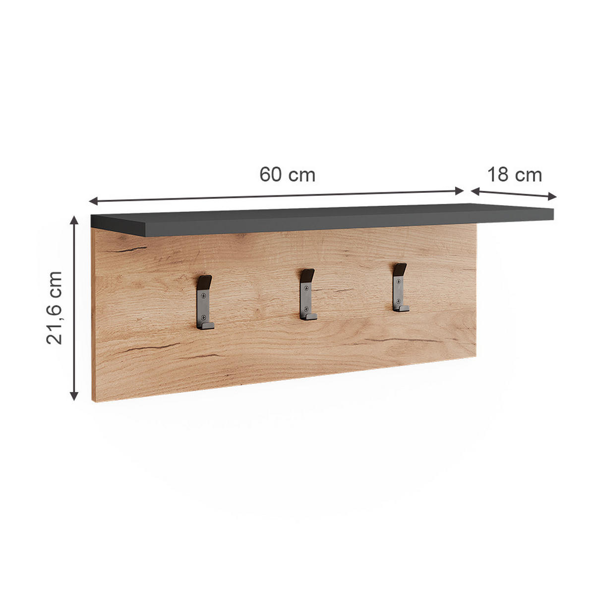 NÁSTĚNNÝ VĚŠÁK Orlando Antracit/zlatý dub - medově dubová/antracitová, kompozitní dřevo (60/21.6/18cm) - Vicco