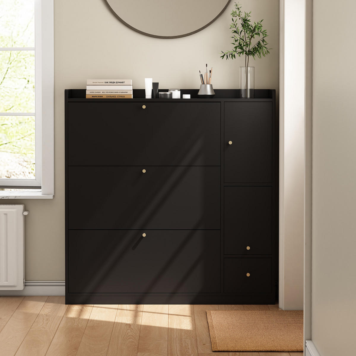 SCHUHSCHRANK Schwarz 3 Klappen Sitzbank Stauraum 119x24x122cm - Schwarz, Holzwerkstoff (24/122/119cm) - FLIEKS