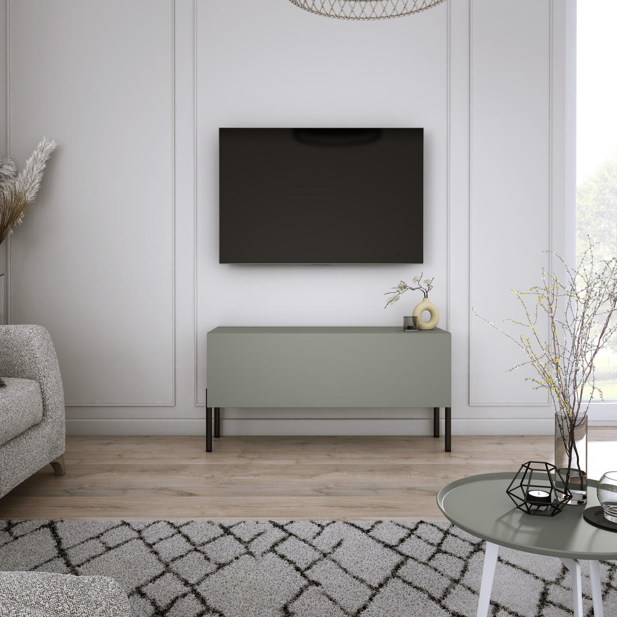 TV-SCHRANK : Aloe, 100 x 52 x 32 cm, schwarze Beine - Schwarz/Grün, Holzwerkstoff/Metall (100/52/32cm) - 3XE LIVING