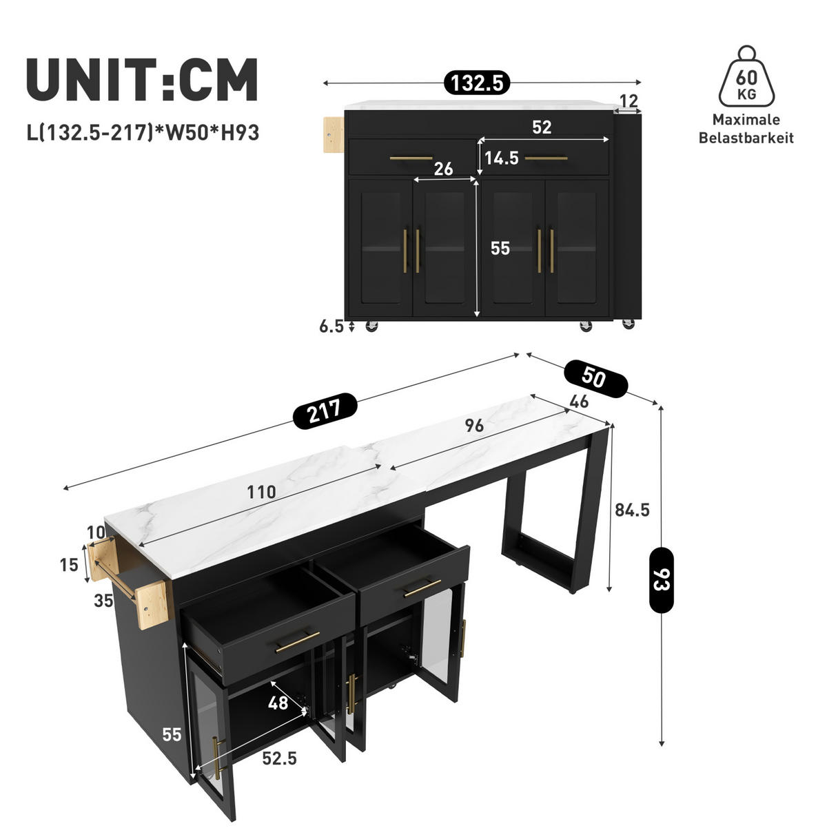 KÜCHENINSEL ausziehbar 132,5-217 x 50 x 93 cm MDF Black 3-tlg. - Schwarz, Holz (50/93/217cm) - Beauniv