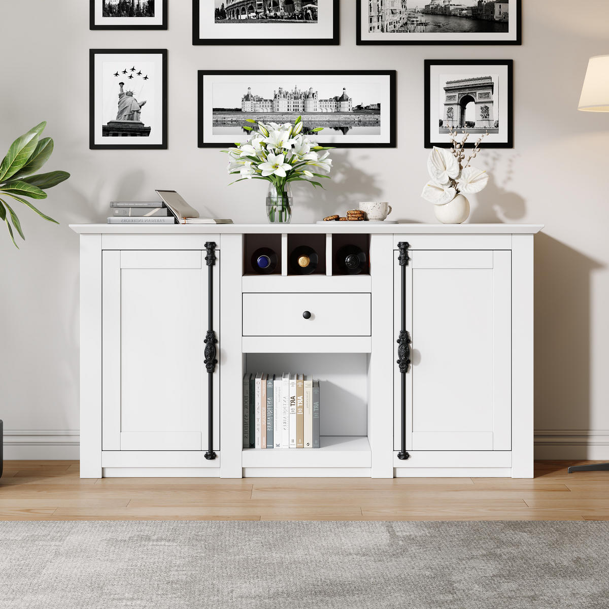 SIDEBOARD Weiß 2 Türen 1 Schublade 130x35x70cm Weinregal - Weiß, Holzwerkstoff (35/70/130cm) - FLIEKS