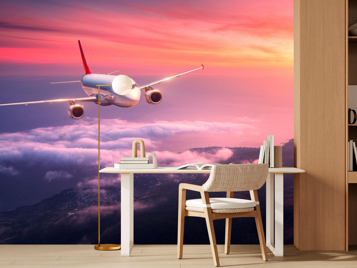 FOTOTAPETE für Wohnzimmer Flugzeug Sonnenuntergang Wolken Himmel 450x315 - Gelb/Rot, Papier (450/315cm) - Muralo
