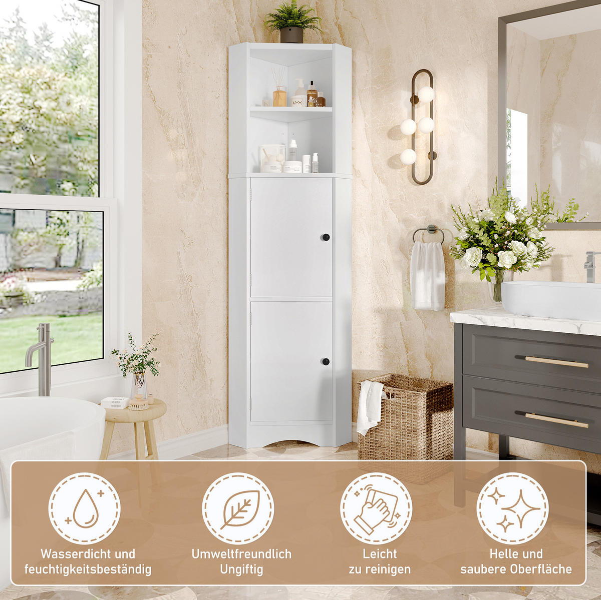 BADEZIMMERSCHRANK 51.7x32x155.4cm in Weiß, feuchtigkeitsbeständig mit 2 Türen - Weiß, Holzwerkstoff (32/155.4/51.7cm) - Modfu