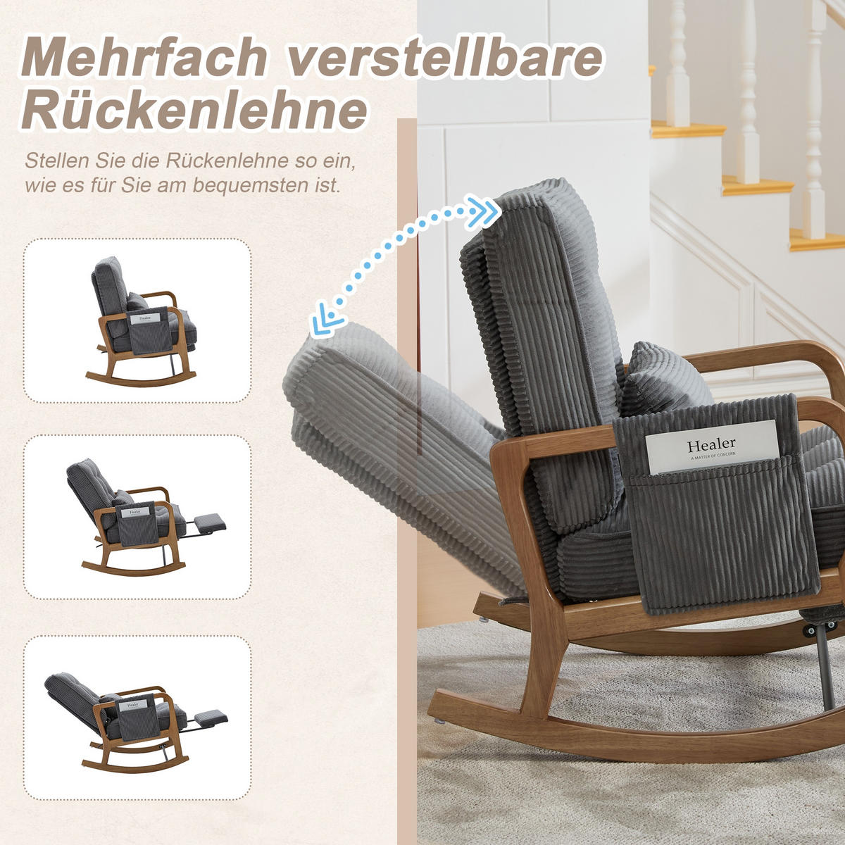 SCHAUKELSTUHL Grau Cord mit Fußstütze, Seitentaschen und verstellbarer Lehne - Grau, Textil (80/92/70cm) - Oxeza