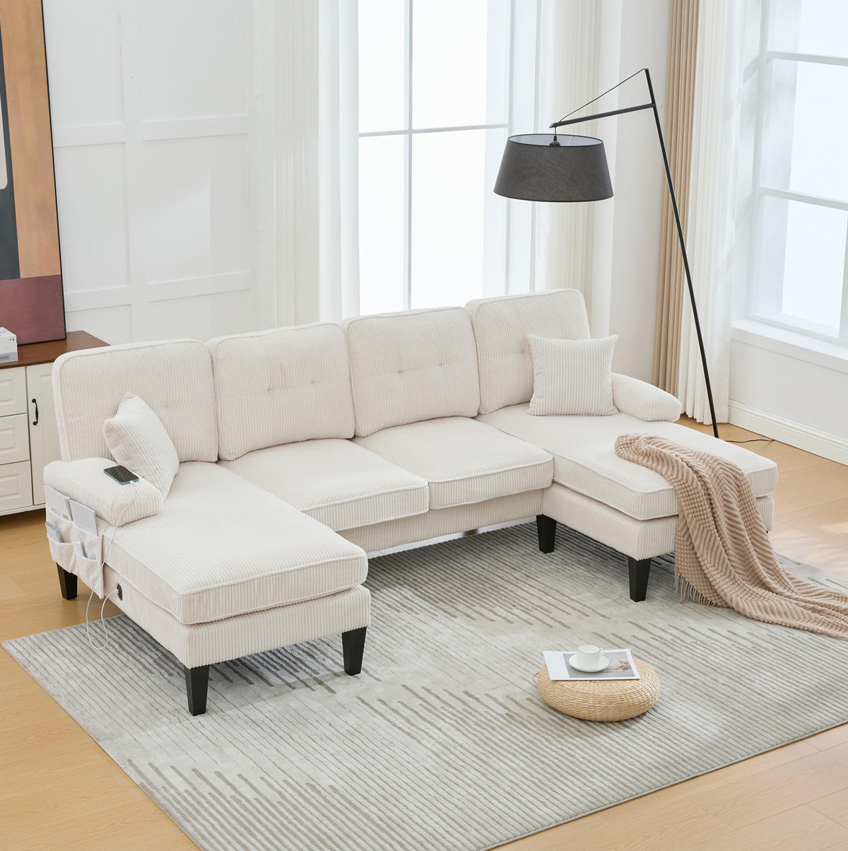 WOHNLANDSCHAFT aus Cord 250x130x88 cm in Beige mit USB/Type-C & Seitentaschen - Beige, Textil (130/88/250cm) - Modfu