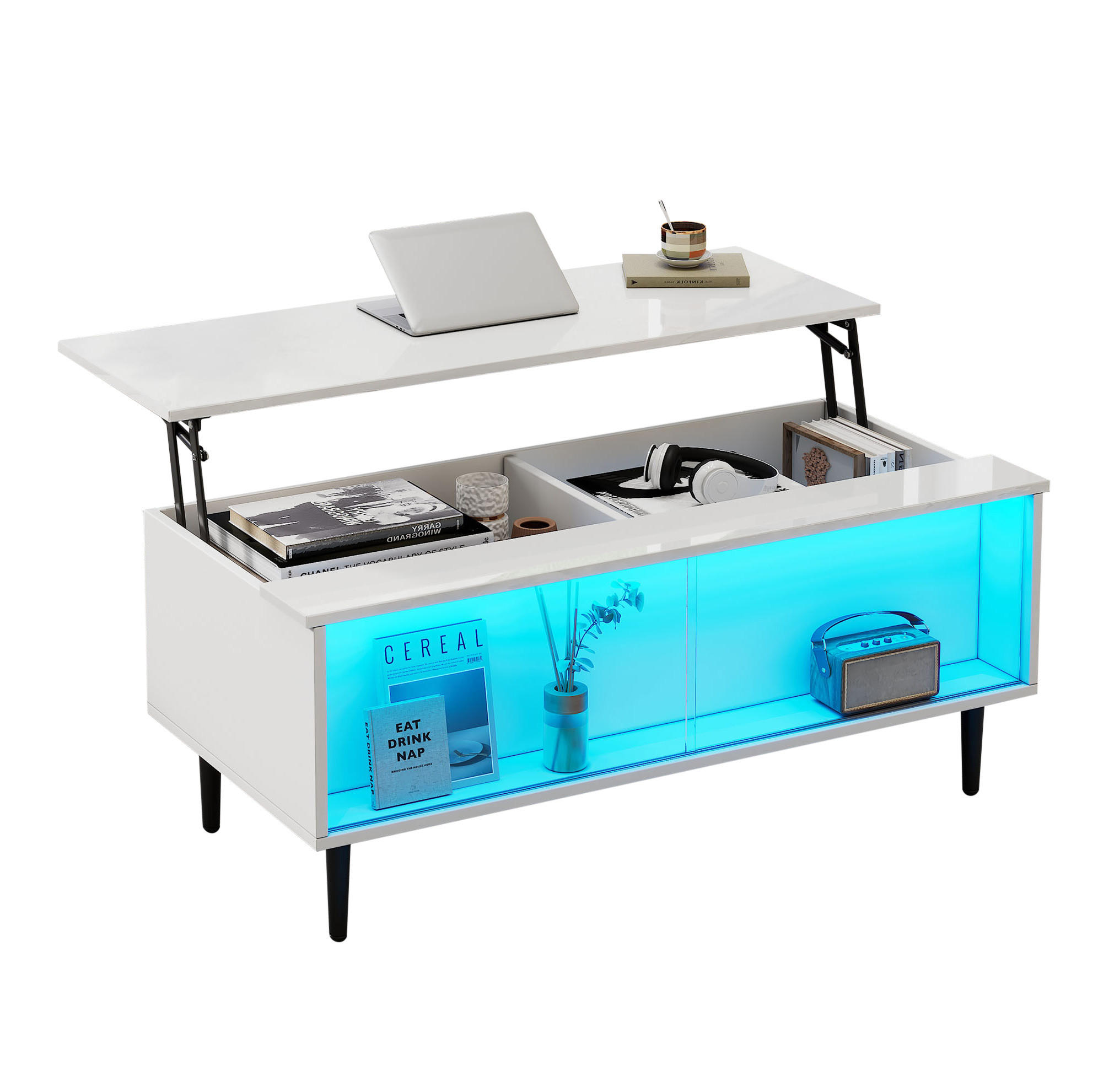 KLUB stolić 105/50/43 cm bijeli od iverice s podiznom pločom LED rasvjetom i skrivenim spremištem - bijela, drvni materijal (105/50/43cm) - OKWISH