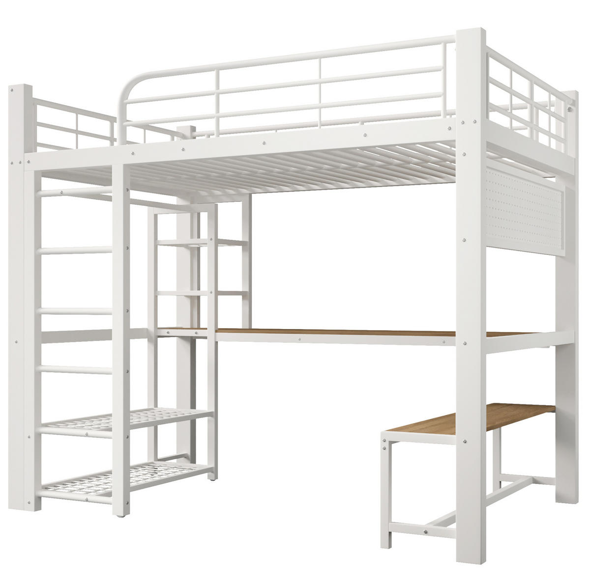 HOCHBETT 140/200 cm mit LED-Beleuchtung, Schreibtisch, Stauraumtreppe und Lochplatte, Weiß - Weiß, Metall (140/200cm) - Redom
