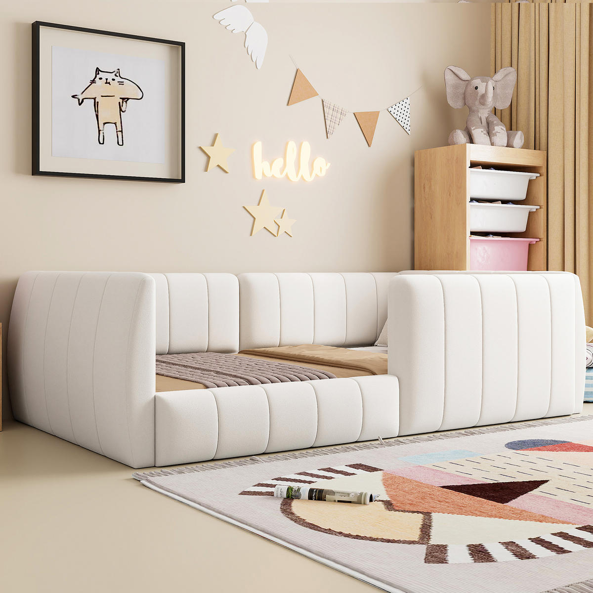 POLSTERBETT 90/200 cm in Beige mit Sicherheitsgitter - Beige, Holzwerkstoff/Textil (90/200cm) - WISHDOR
