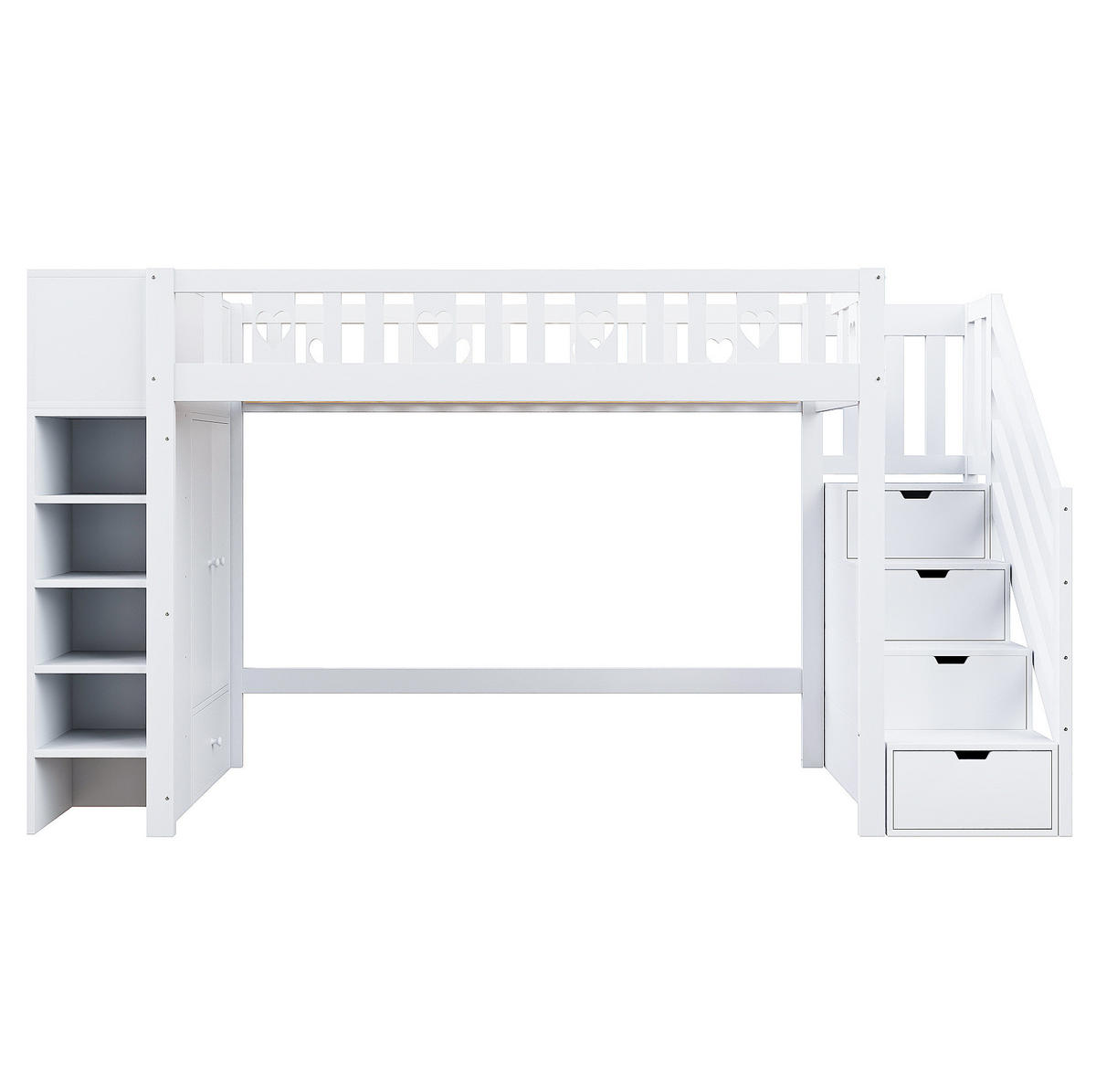 HOCHBETT 90/200 cm mit Stauraumleiter, Regalen, klappbarem Stauschrank und herzförmigem Geländer, Weiß - Weiß, Holzwerkstoff (90/200cm) - Redom