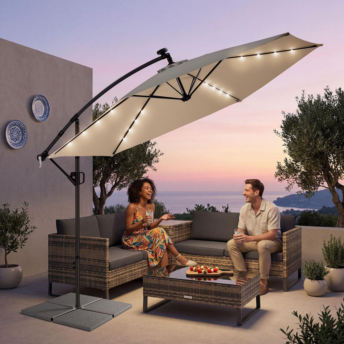 AMPELSCHIRM Artemis, mit LED Solar-Beleuchtung, inkl. Schutzhülle, beige - Beige, Metall (350/337cm) - tectake