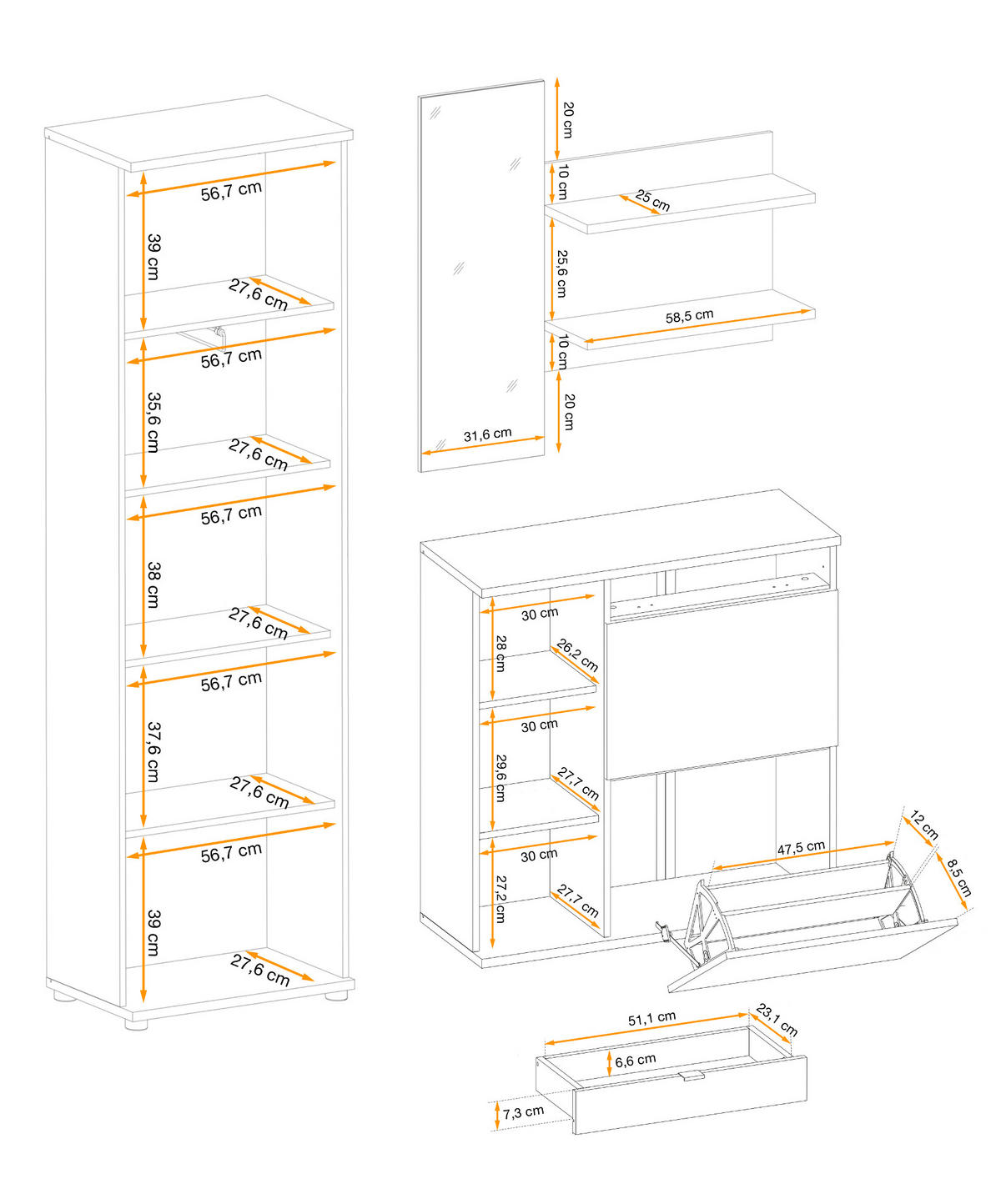 GARDEROBE Set 3-teilig Eiche Jackson, schwarz 170 cm, Garderobenkombination mit 3D-Lamellen - Eichefarben/Schwarz, Holzwerkstoff/Kunststoff (160/202/35cm) - Furn.Design
