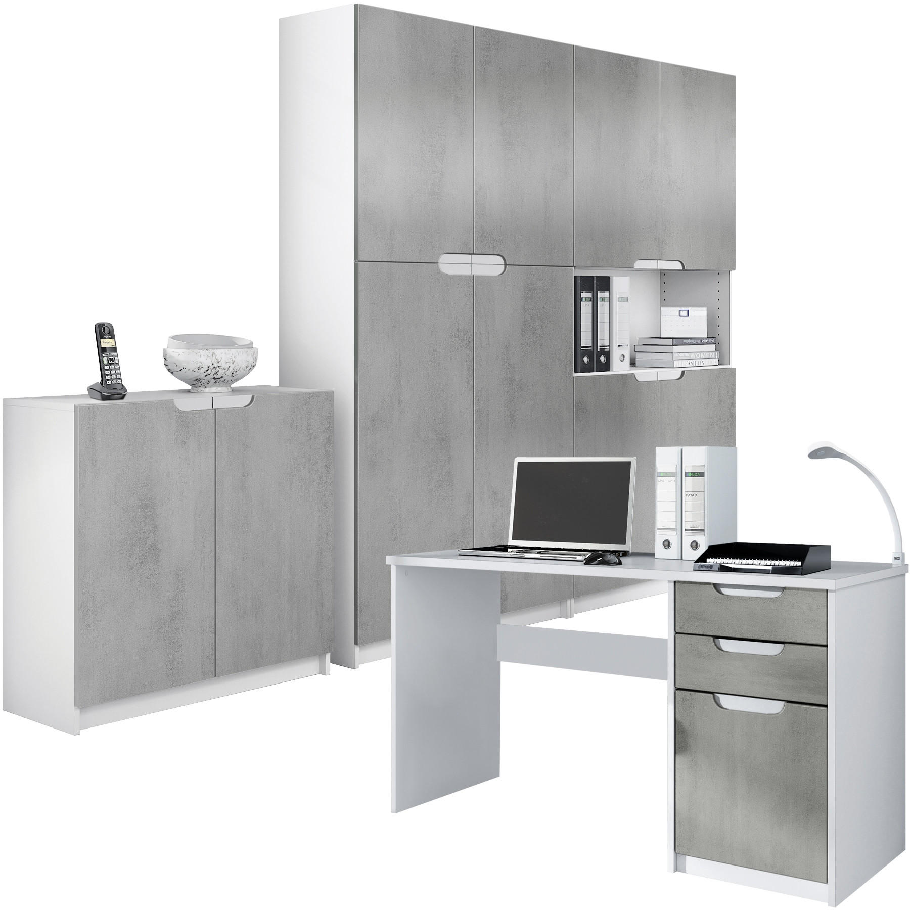 BÜROMÖBELSET Logan Fronten in Beton Oxid Optik - Hellgrau, Holzwerkstoff (246/185/60cm) - Vladon