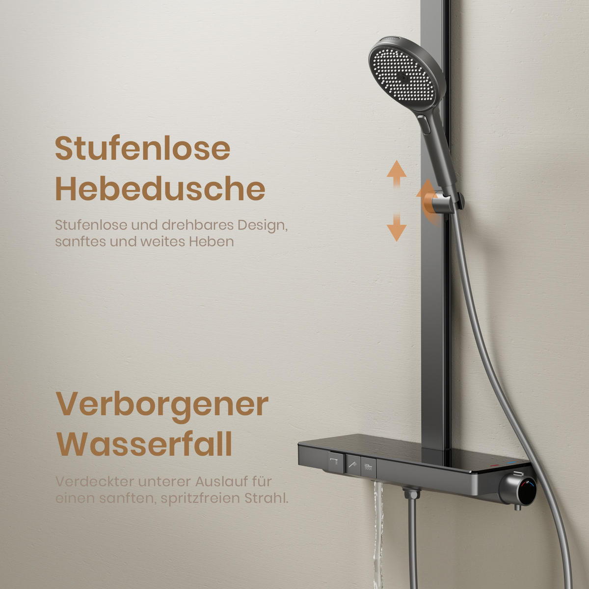ÜBERKOPFBRAUSESET mit Brausethermostat Temperaturanzeige Anthrazit - Anthrazit, Metall (43.7/112.2/62.5cm) - EMKE