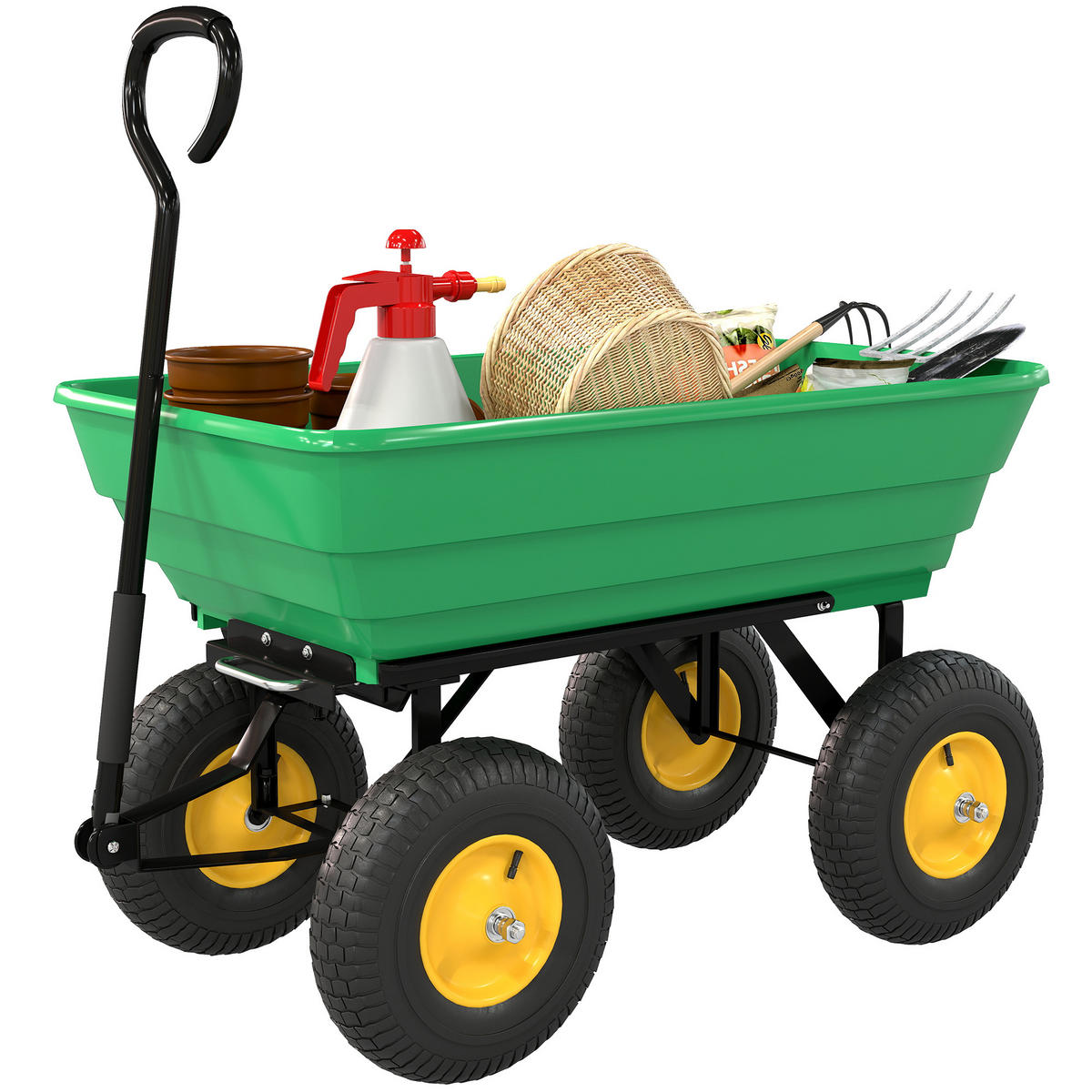 GARTENWAGEN DE-17574 75 L Kippmulde, 200 kg, 4 Luftreifen Gelb/Grün - Grün, Kunststoff (52/94/109cm) - ComfortXL