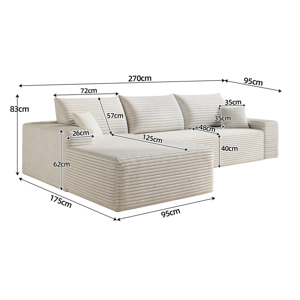 ECKSOFA 270/175/83 cm Weiß Cord mit Chaiselongue, Linke Seite - Weiß, Textil (270/175cm) - Oxeza