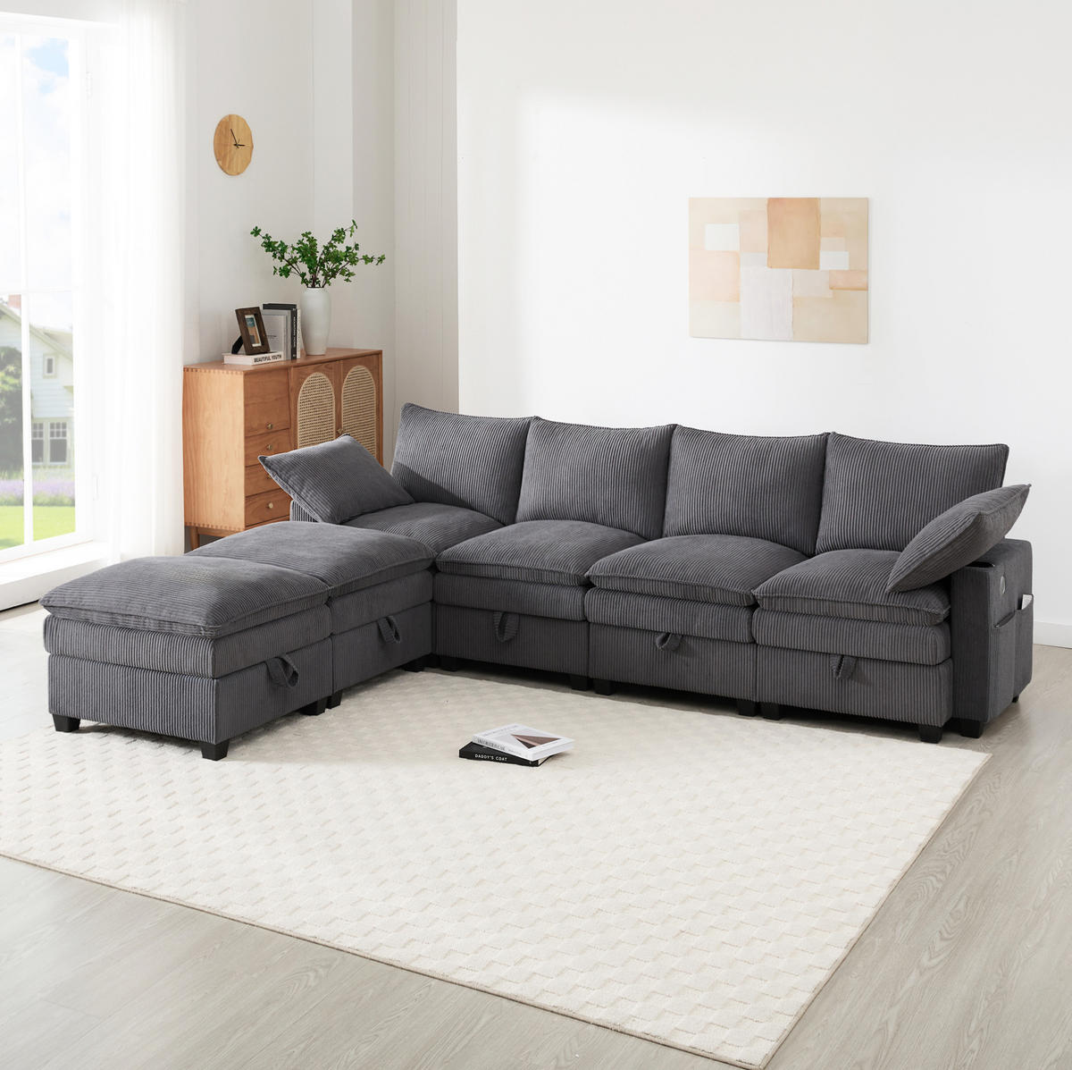 WOHNLANDSCHAFT aus Cord 280x151x82 cm Grau mit USB-Anschlüssen, Stauraum, Getränkehaltern und 2 Fußhockern - Grau, Textil (151/82/280cm) - Modfu