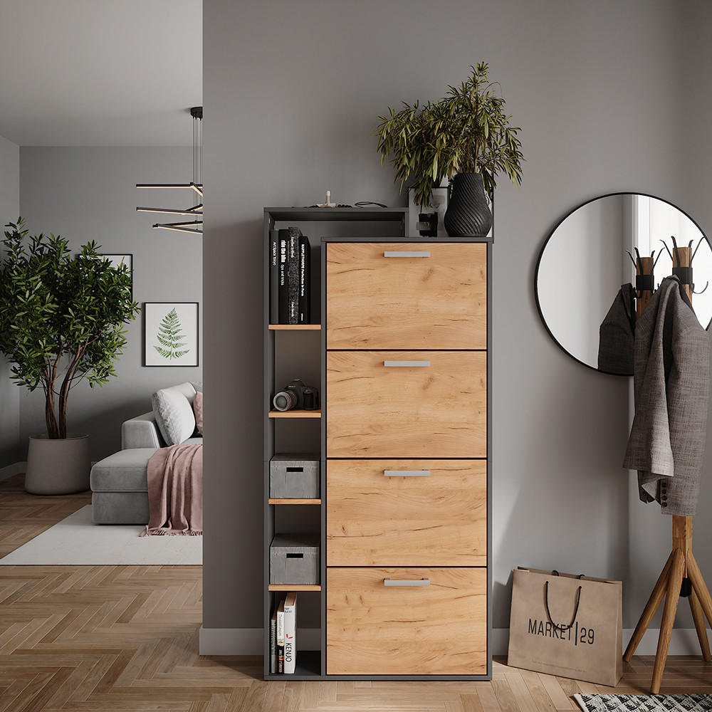 Thumbnail - Vicco Schuhkipper, Honigeiche, Anthrazit, Holzwerkstoff, Rechteckig, 80x166.1x24.2 cm, Garderobe, Schuhaufbewahrung, Sch...