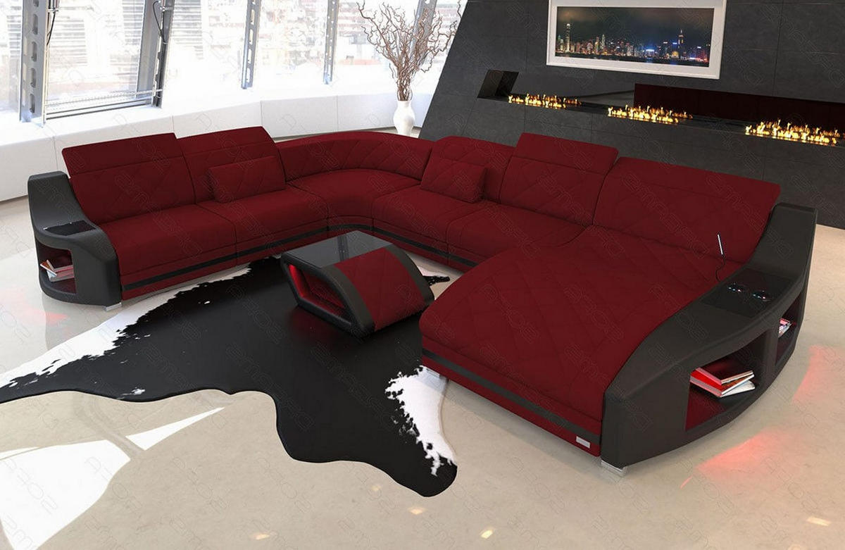 WOHNLANDSCHAFT Stoff Wohnlandschaft Swing Dunkelrot Schwarz Mikrofaserstoff - Dunkelrot, Kunststoff (404/90/295cm)