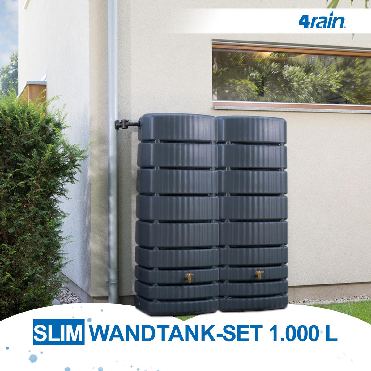 WANDTANK-SET 1000 L, graphite grey 2 x 500 L, inkl. Verbinder - Grau, Kunststoff (51/184/155cm) - 4rain