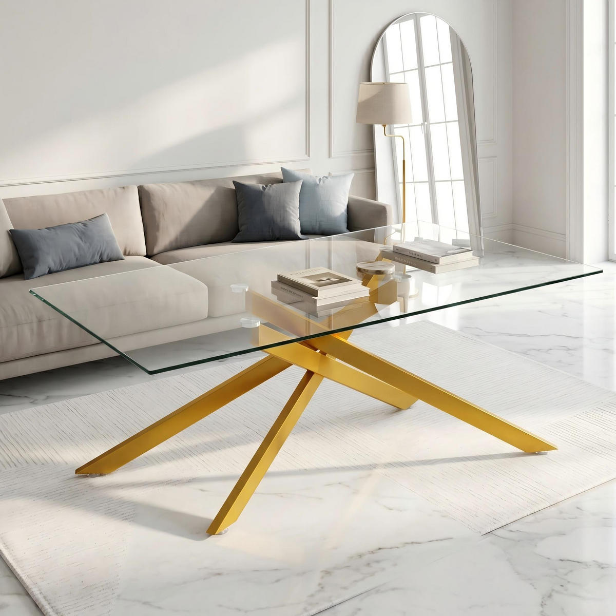 COUCHTISCH DE-37412 120 cm rechteckig mit Glasplatte Gold/Transparent - Goldfarben, Metall (120/60/46cm) - ComfortXL