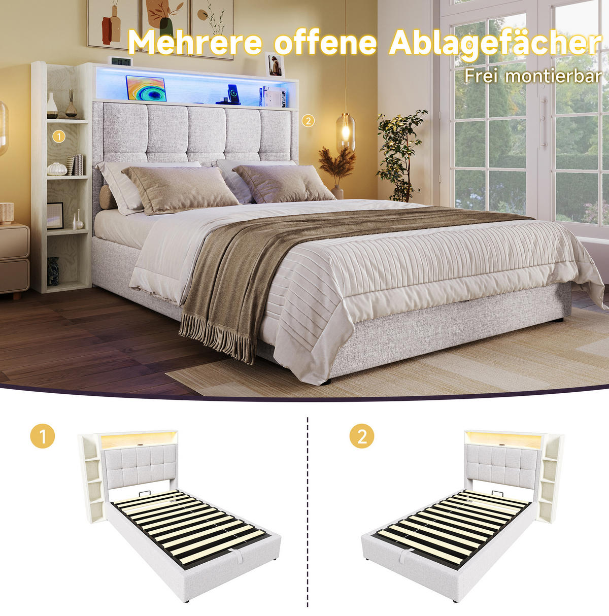 ČALÚNENÁ posteľ z MDF a ľanu 90x200 cm béžová s USB-C, LED osvetlením a úložným priestorom - béžová, textil (90/200cm) - Modfu