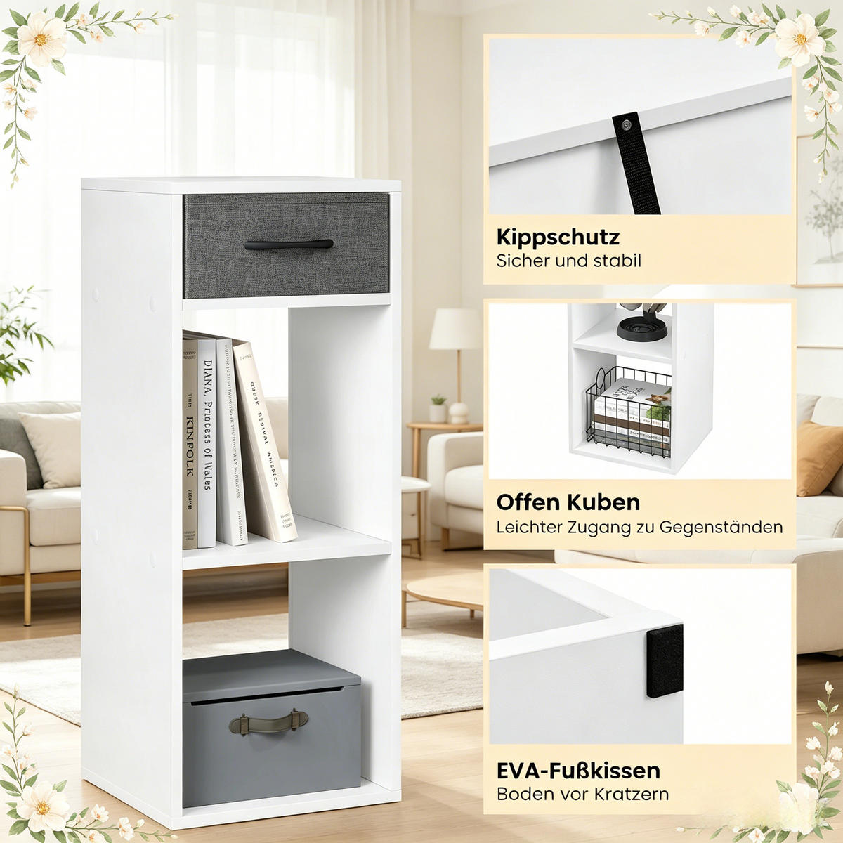 BÜCHERREGAL Grau/Weiß 1 Schublade und 2 offene Fächer 32/30/80 cm - Grau, Holzwerkstoff (32.4/80/30cm) - PANGIVO